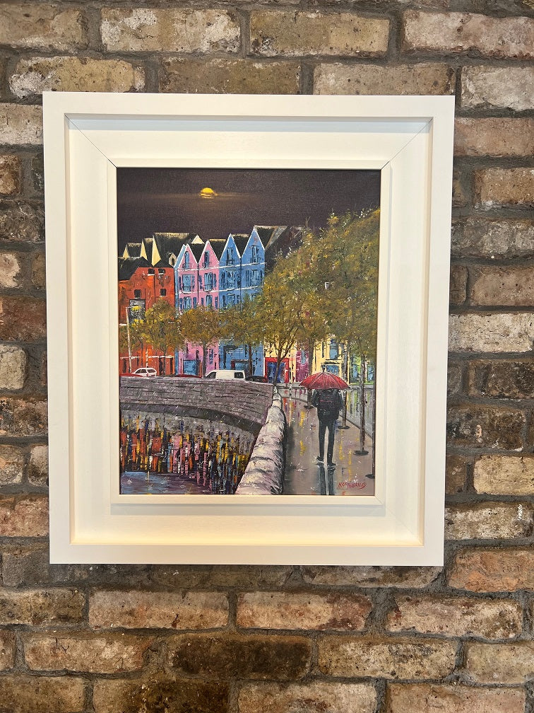 A Limited Edition Irish Cork City print from the Impression series, featuring Popes Quay and River Lee reflections in a light rain. Vibrant, atmospheric, and full of charm in Frame