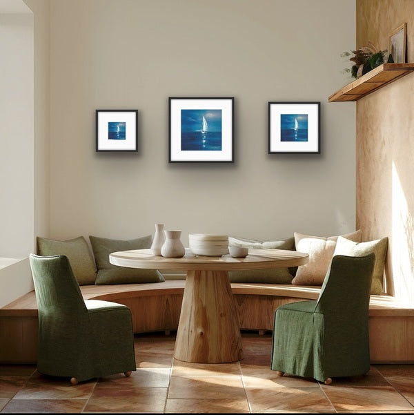 A Limited Edition Print of a sailing boat out to sea. Gift Sizes Black Frame