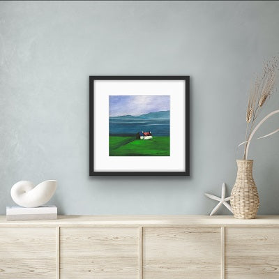 A rustic tin-roofed cottage nestled in lush fields, gazing toward the sea — an Irish coastal memory in soft, expressive brushstrokes, and a perfect Irish gift for anyone who cherishes home.