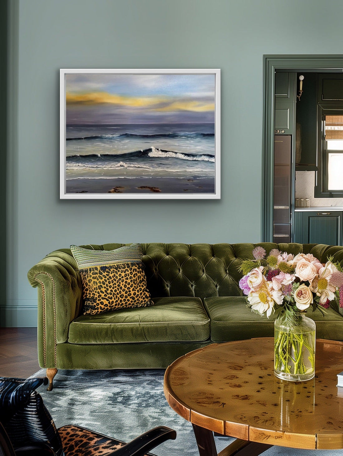 Irish oil painting hanging in a cosy living room with soft warm lighting.