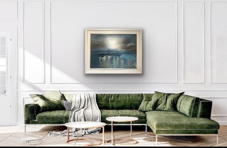 This emotive Irish seascape oil painting invites the viewer to pause and breathe, much like the calm that follows a storm. The dark clouds hint at life’s passing struggles, while the gentle light symbolises renewal and resilience.