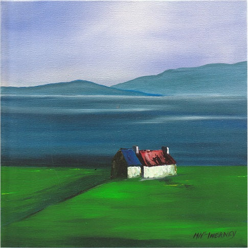 Limited edition Irish print of a tin-roofed cottage in green fields by the sea