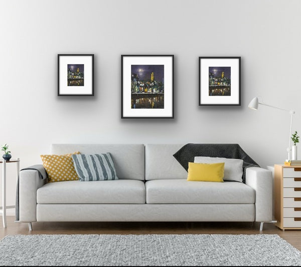 A Limited edition Cork City print featuring Shandon Bells and vibrant reflections on the River Lee in Black frames Ideal Gift for anyone with a Cork Connection