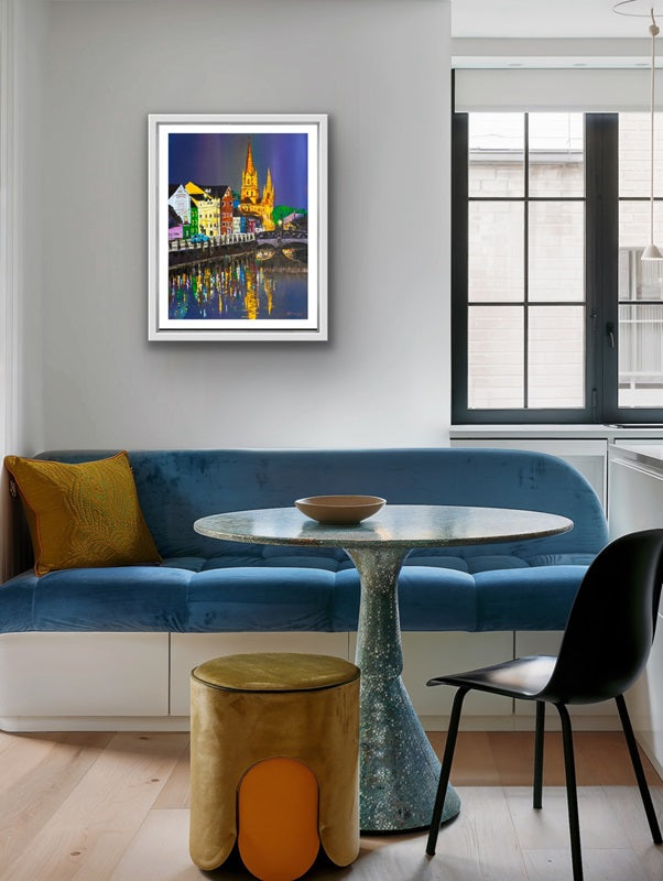 A Limited Edition Irish Cork City print featuring vibrant reflections on the River Lee.  Framed and Hanging