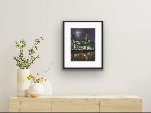 A Limited edition Cork City print featuring Shandon Bells and vibrant reflections on the River Lee in Black frames Ideal Gift for anyone with a Cork Connection Large Black Frame