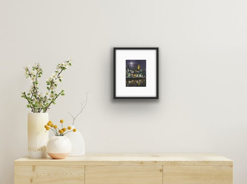 A Limited edition Cork City print featuring Shandon Bells and vibrant reflections on the River Lee in Black frames Ideal Gift for anyone with a Cork Connection Small Black Frame