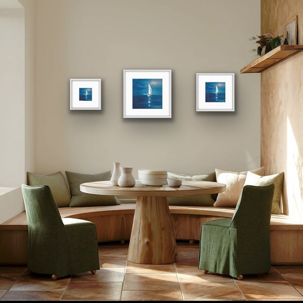 A Limited Edition Print of a sailing boat out to sea. Gift Sizes White Frame