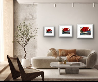 Irish red-sailed Galway Hooker boat – dramatic seascape art print