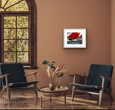 Irish fishing boat with red sail – Galway Hooker art print for collectors